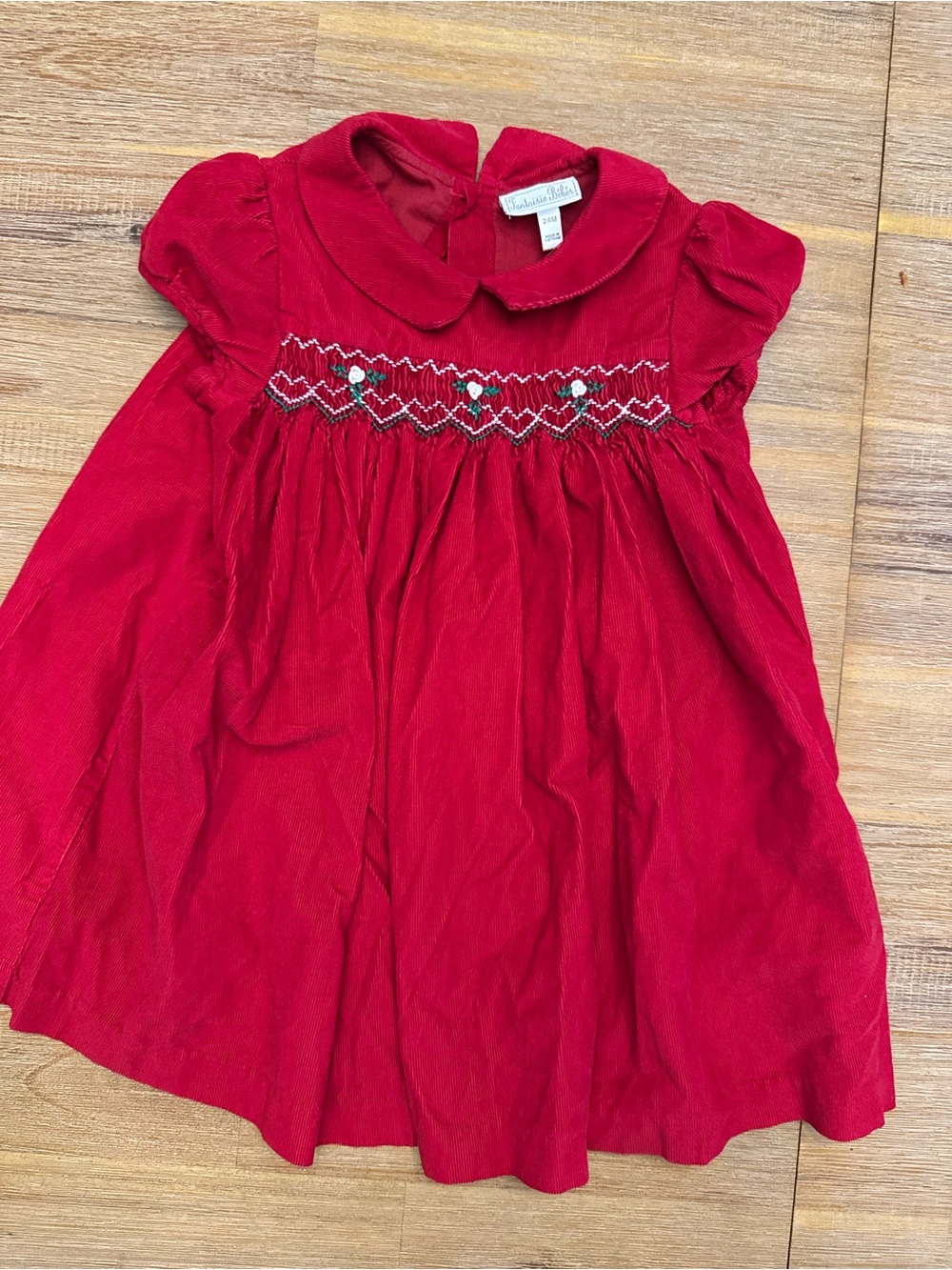 Fantaisie Bebe Festive Red Smocked Corduroy Dress with Peter Pan Collar